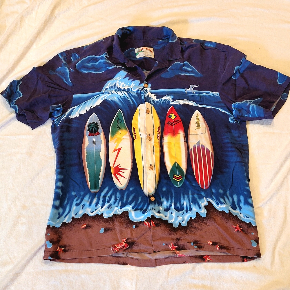 Vintage Paradise Found Hawaiian Shirt Mens XL All Over Print Surfboards Beach